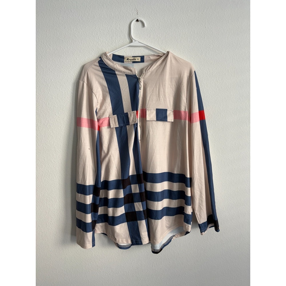 Moyabo Tunic Blouse Womens XL Beige Blue Plaid Roll Tab Sleeves 1/4 Zip Pullover